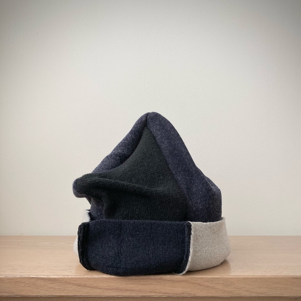 artist japanese boro 100% merino wool sweater hat patchwork cloche blue black - Picture 8 of 8